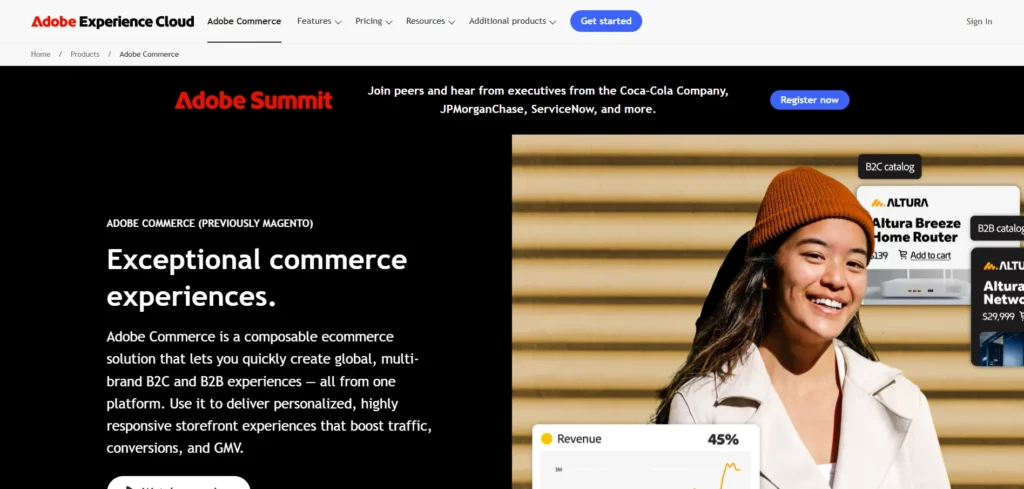 screenshot of adobe commerce cms homepage