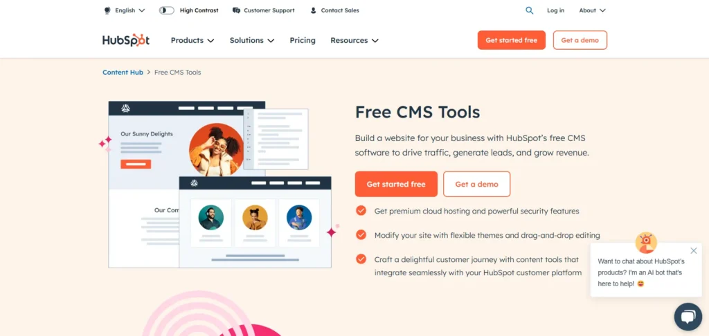 screenshot of hubspot cms homepage